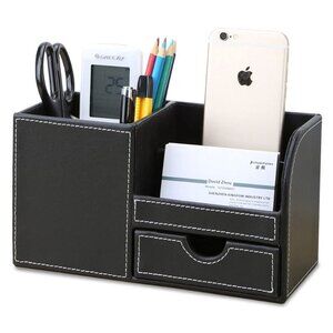 PU Leather Desk Organizer with Drawer, Pen Holder, Phone Storage